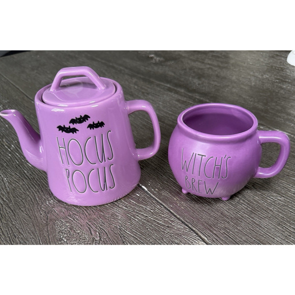Rae Dunn Other - Rae Dunn Hocus Pocus Teapot & Witch’s Brew Mug 2 Pc Set Halloween Purple